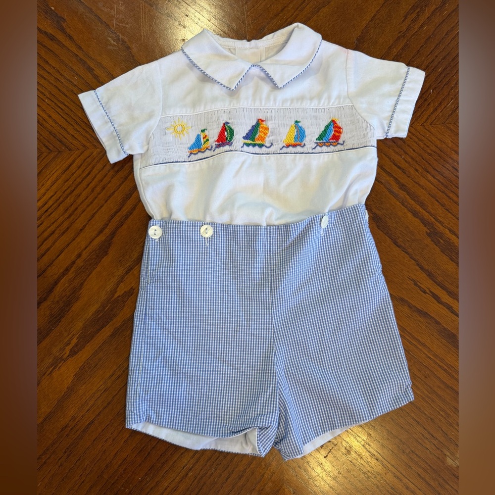 Anavini Boys Hand-Smocked Sailboat Romper | 12M | Heirloom Cotton
